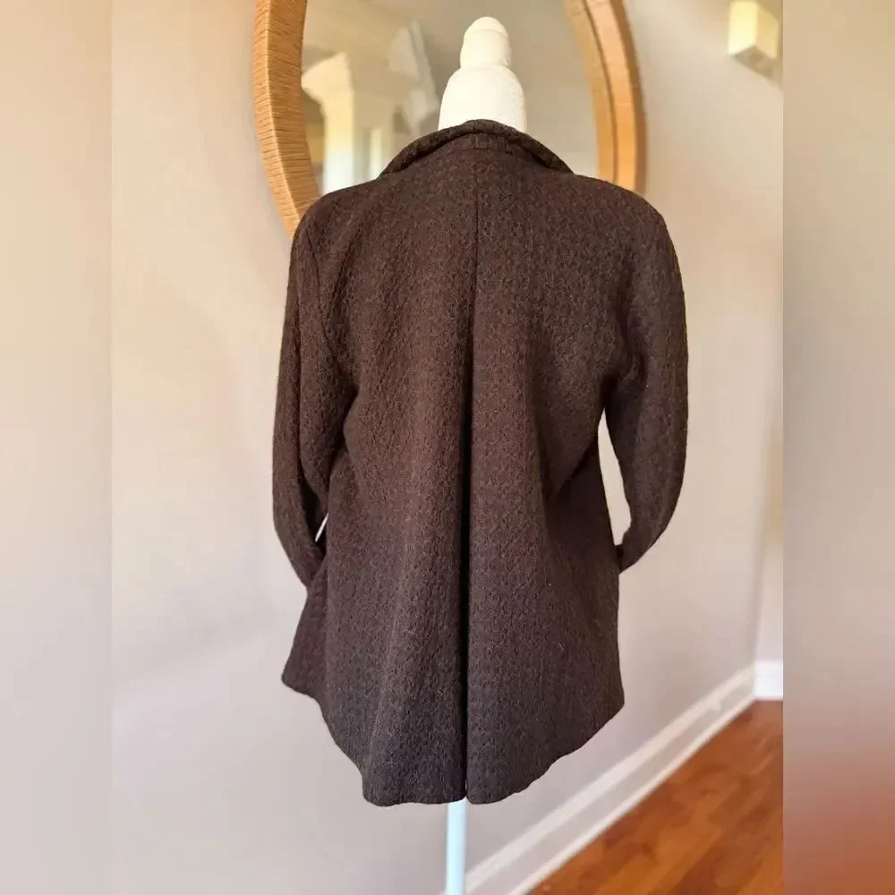 Eileen Fisher 100% Wool Open Front Chocolate Brown Cardigan Size Small